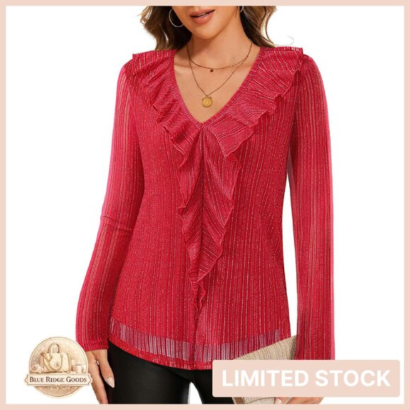 Tops - Long Sleeve Ruffle Blouse Mesh Double Layer Flowy Tunic Top Elegant Chic